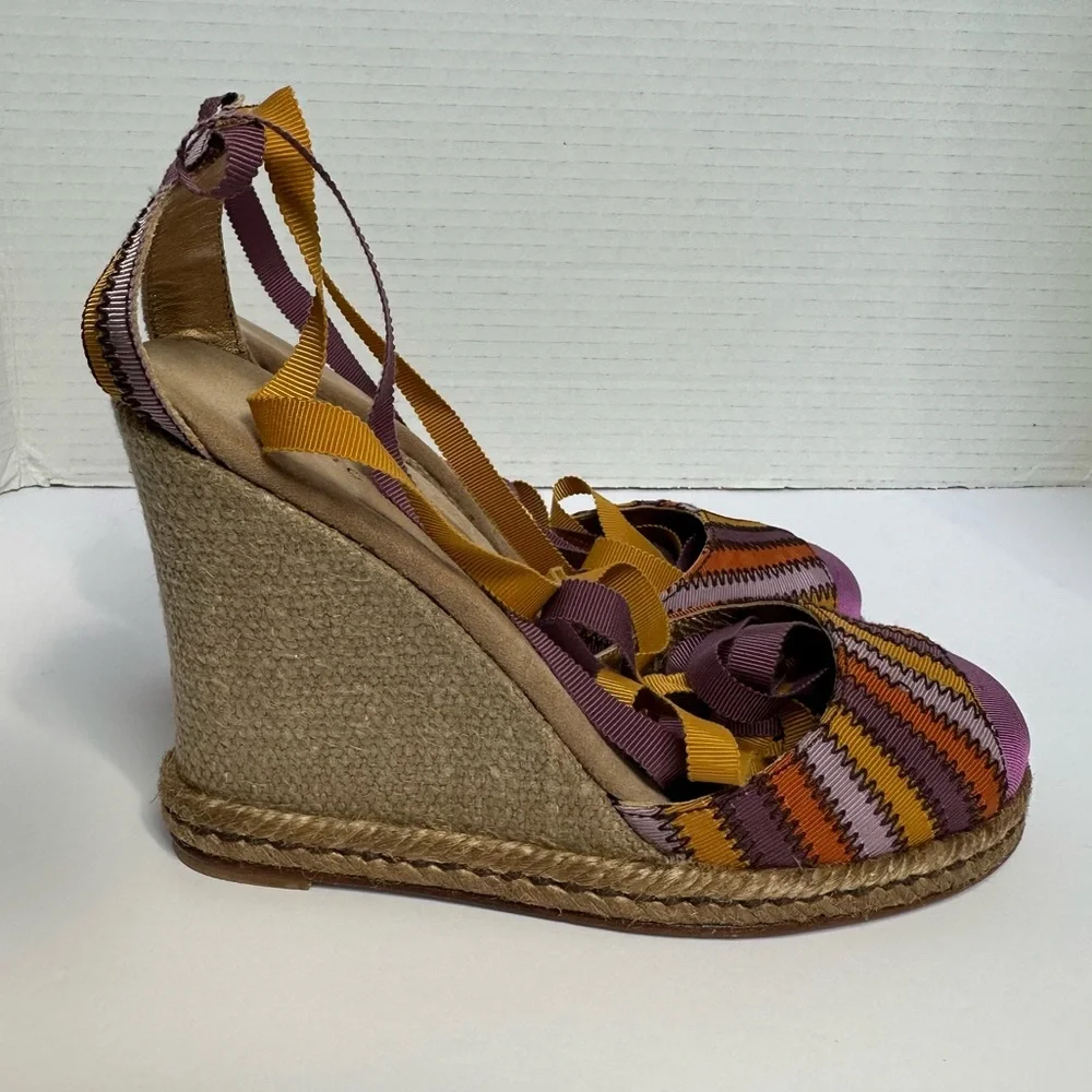 Marc Jacobs Purple & Gold Ankle Tie Colorful Wedge Espadrille Sandals- Size 7